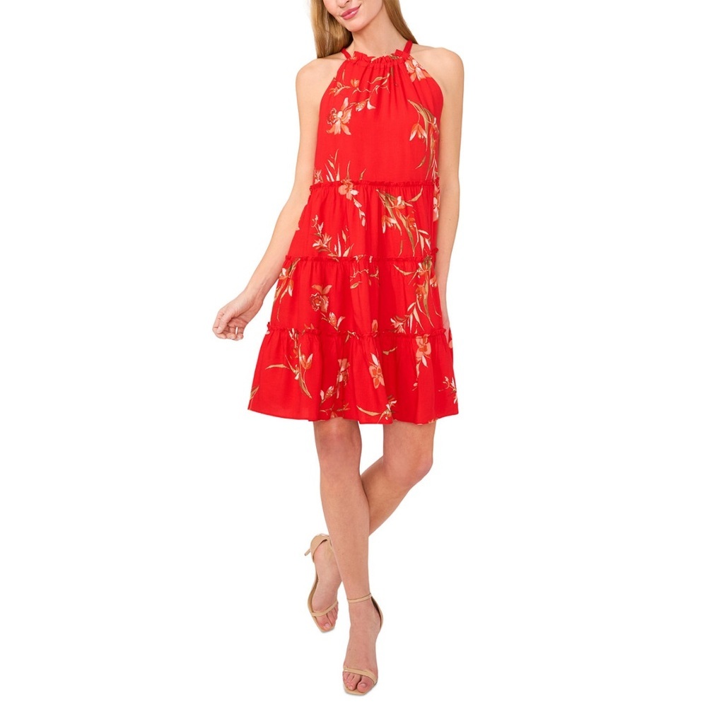 Cece Floral Print Tiered Halter Dress in Fiery Red. NWT.
